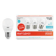 Лампа светодиодная LED 7Вт E27 220В 4100К Elementary шар (3 лампы в упаковке) | 53227T | Gauss